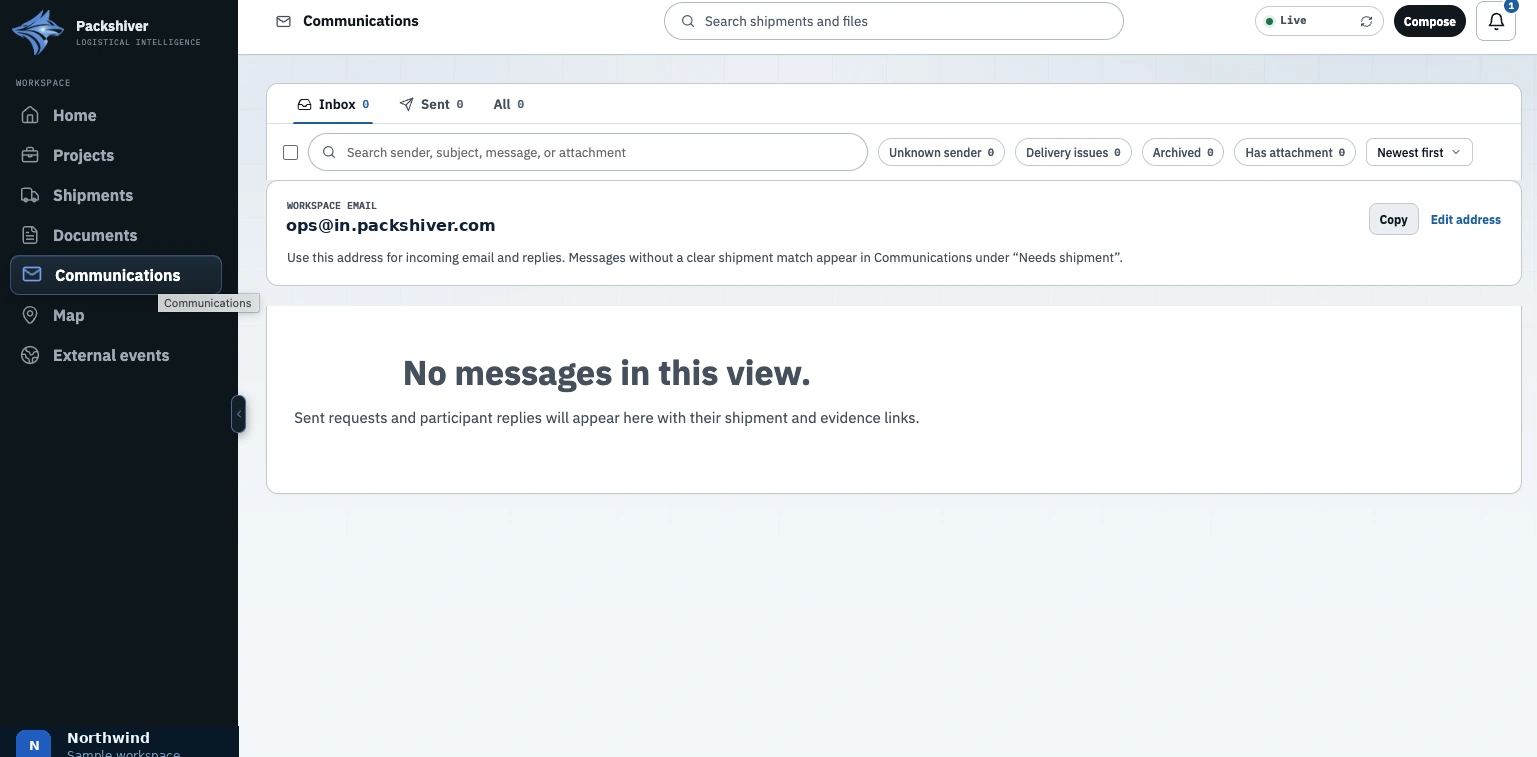 Packshiver communications screen with anonymized sample data.