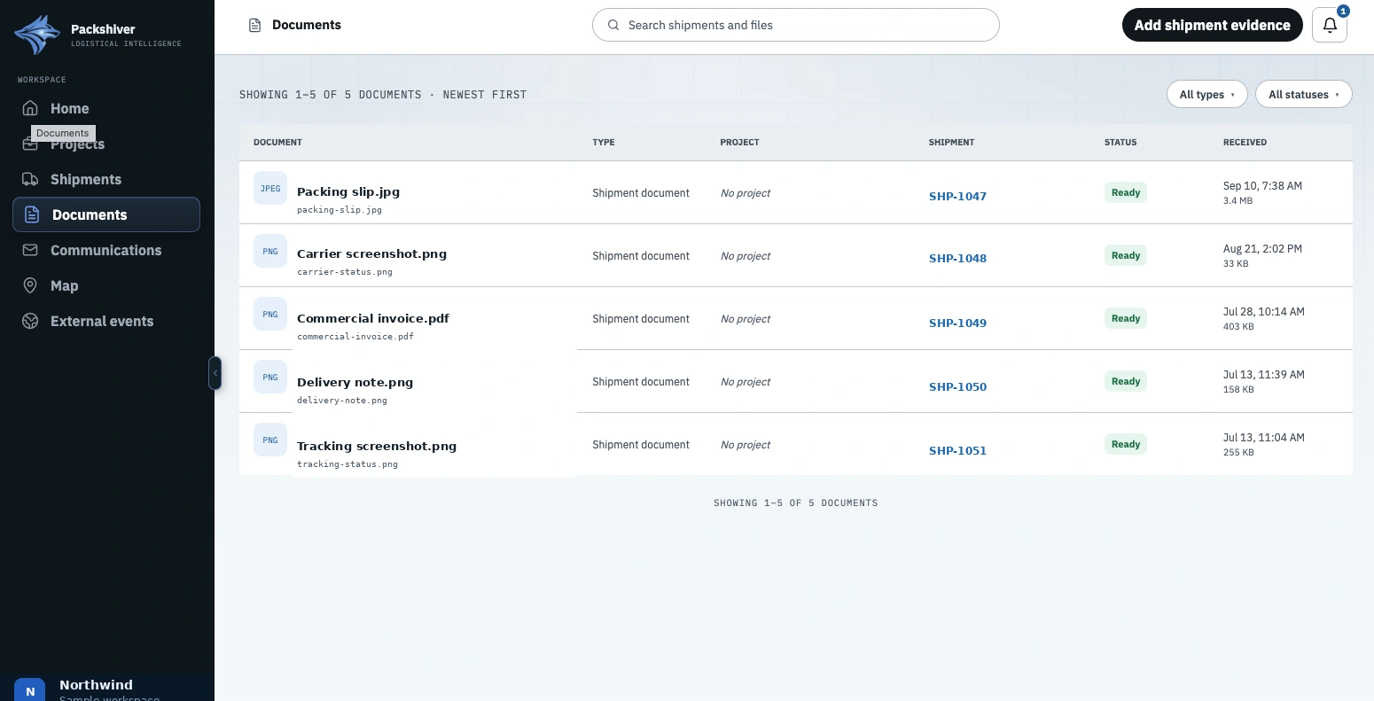 Packshiver documents screen with anonymized sample data.