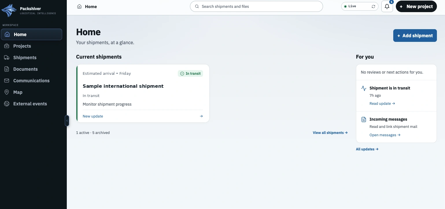 Packshiver home dashboard with anonymized sample data.