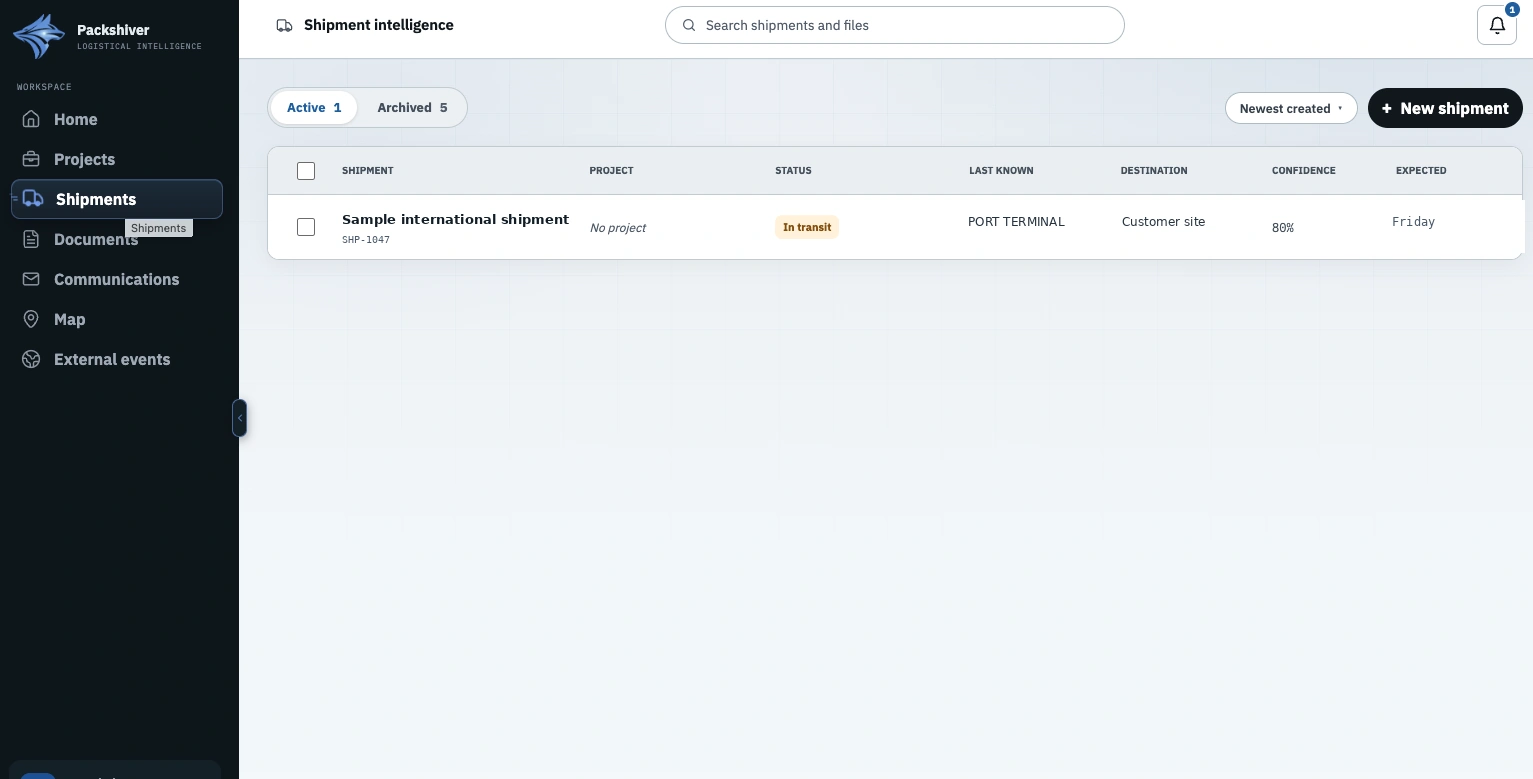 Packshiver shipments screen with anonymized sample data.